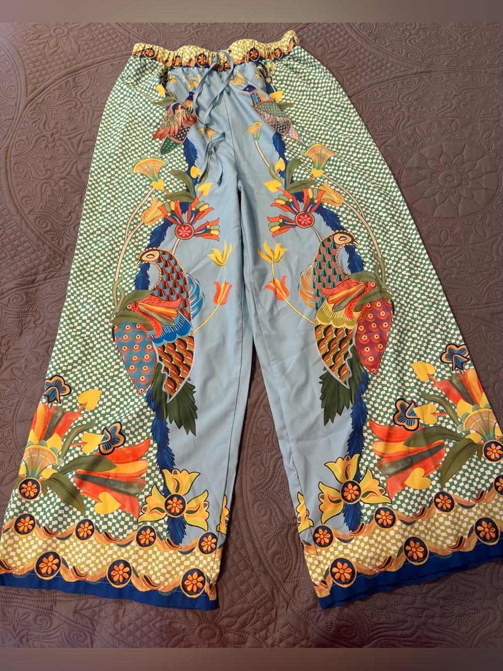 Wide-Leg Parrot Print Pants in Light Blue and Green